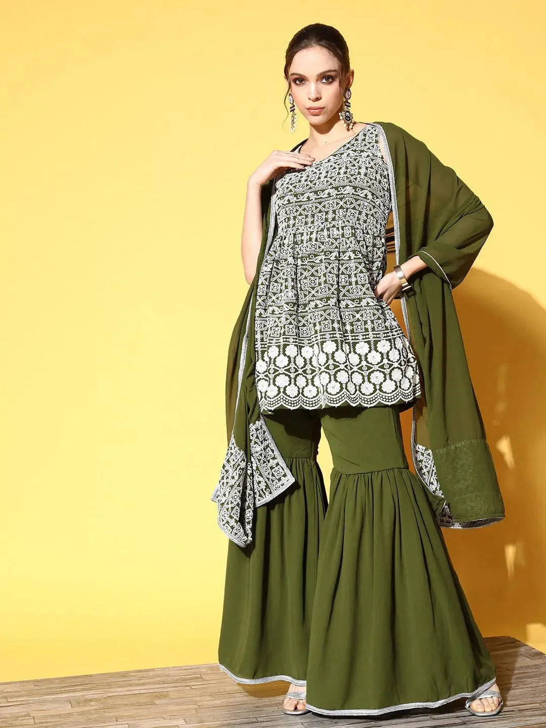 Green Embroidered Georgette Peplum Sharara Suit Set - Libas 