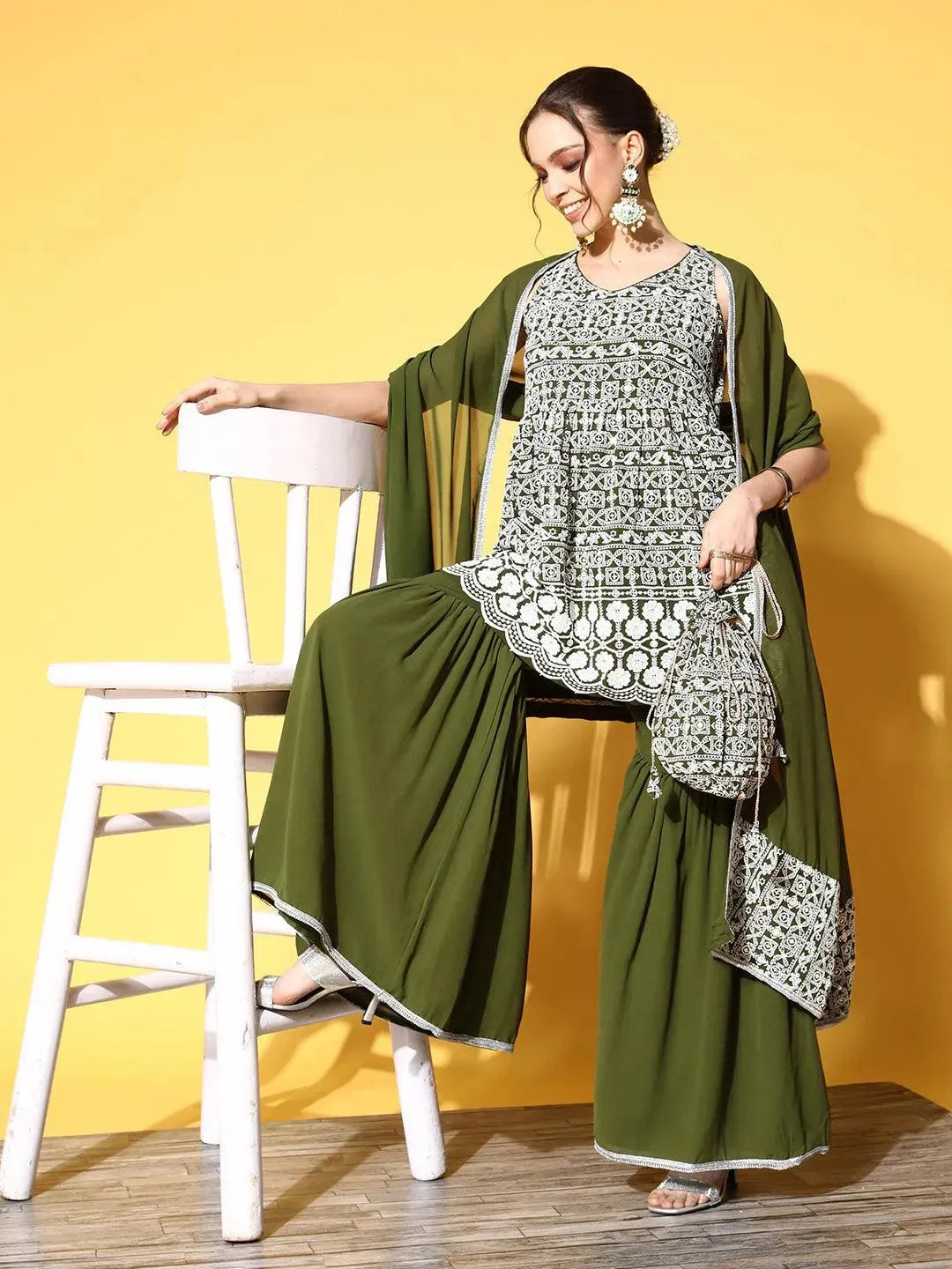 Green Embroidered Georgette Peplum Sharara Suit Set - Libas 