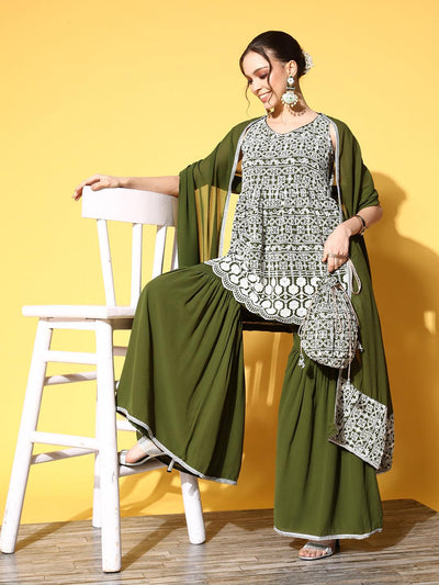Green Embroidered Georgette Peplum Sharara Suit Set - Libas