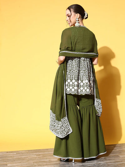 Green Embroidered Georgette Peplum Sharara Suit Set - Libas