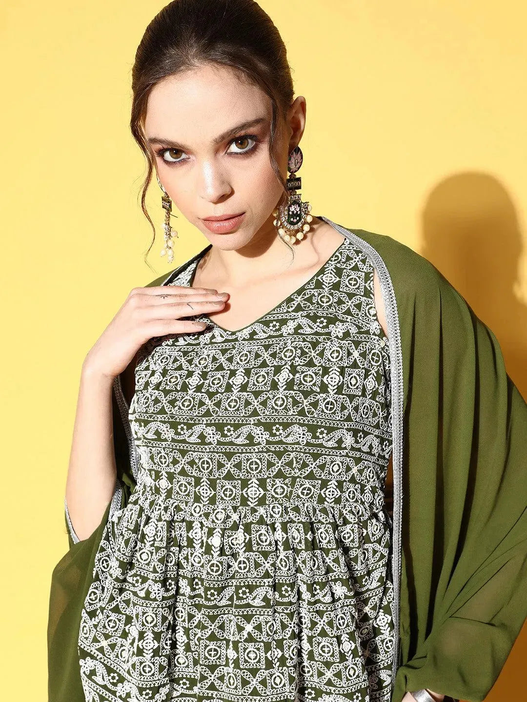Green Embroidered Georgette Peplum Sharara Suit Set - Libas 