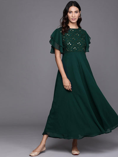 Green Embroidered Georgette Dress - Libas