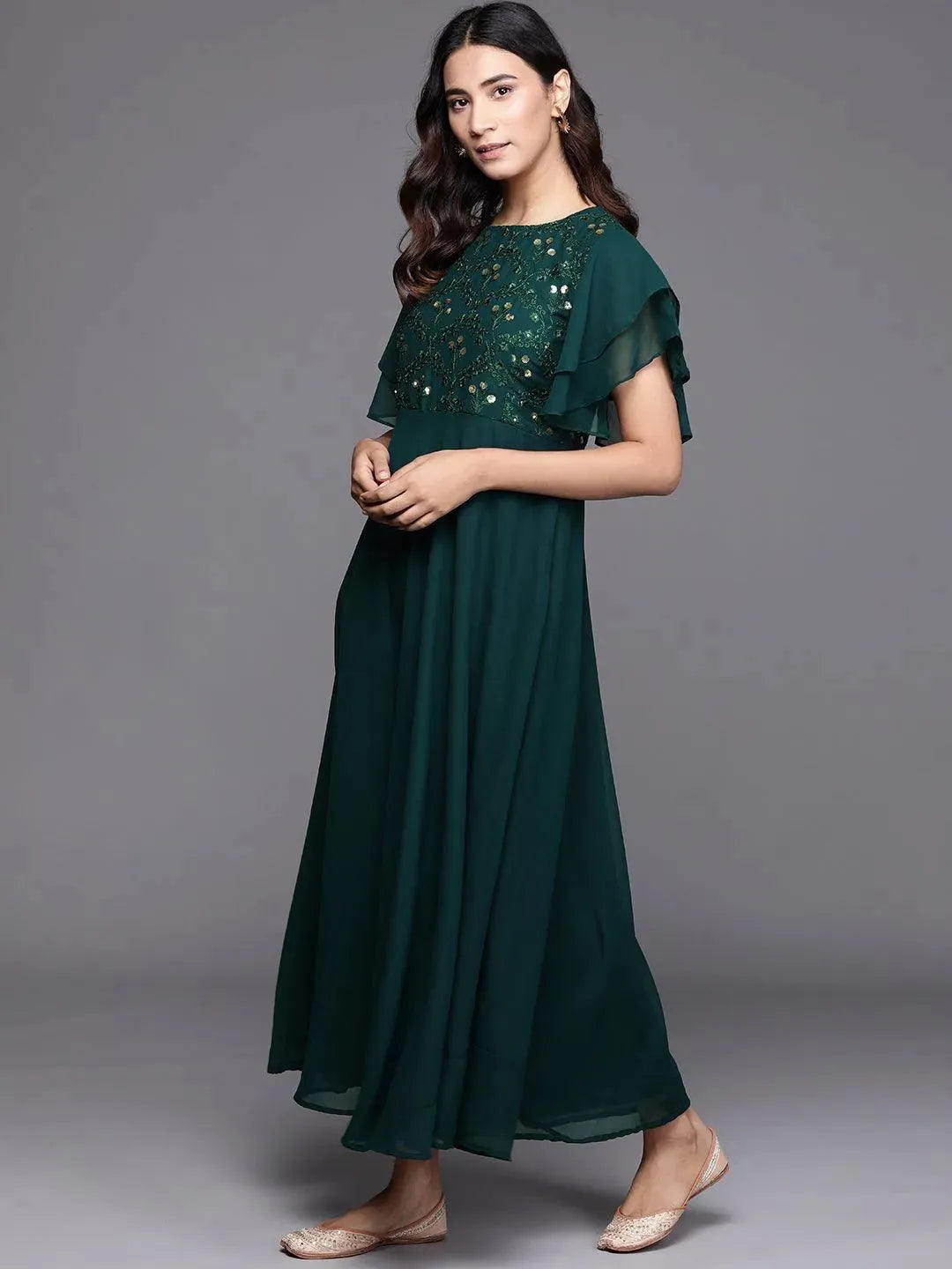 Green Embroidered Georgette Dress - Libas 
