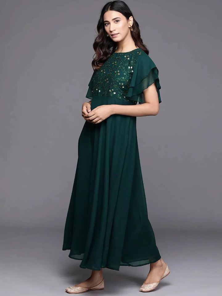 Green Embroidered Georgette Dress - Libas