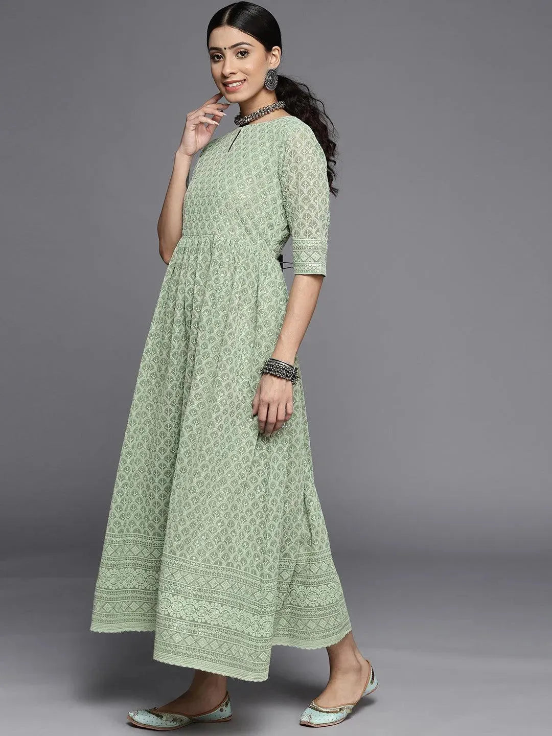 Green Embroidered Georgette Dress - Libas