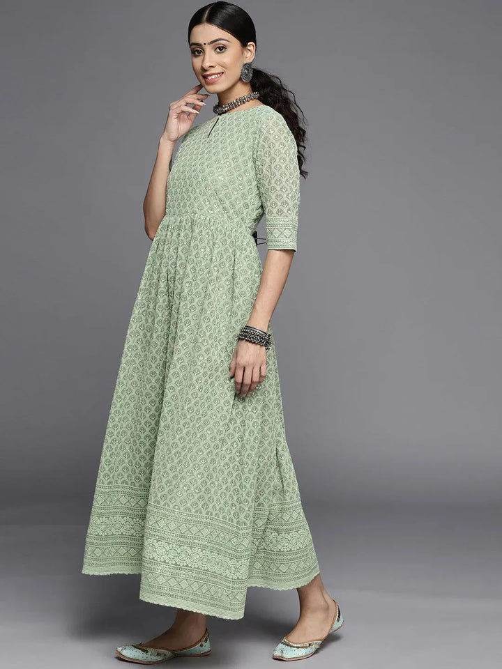 Green Embroidered Georgette Dress - Libas