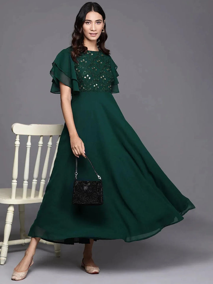 Green Embroidered Georgette Dress - Libas