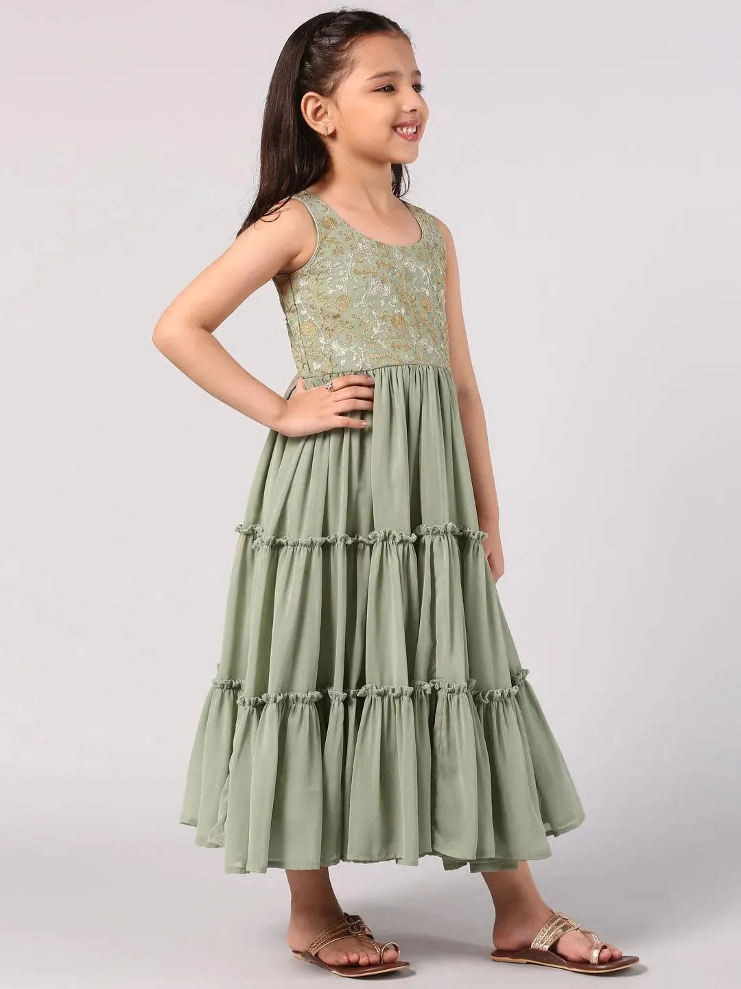 Green Embroidered Georgette Dress - Libas