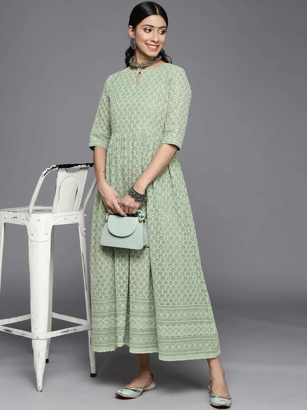 

Green Embroidered Georgette Dress