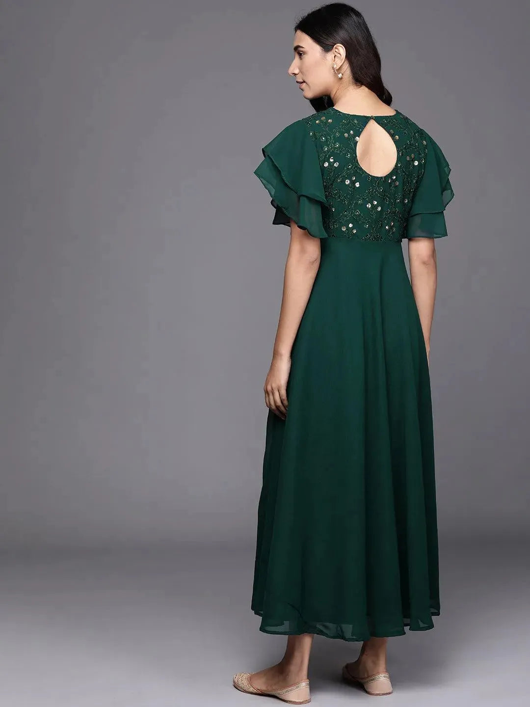 Green Embroidered Georgette Dress - Libas