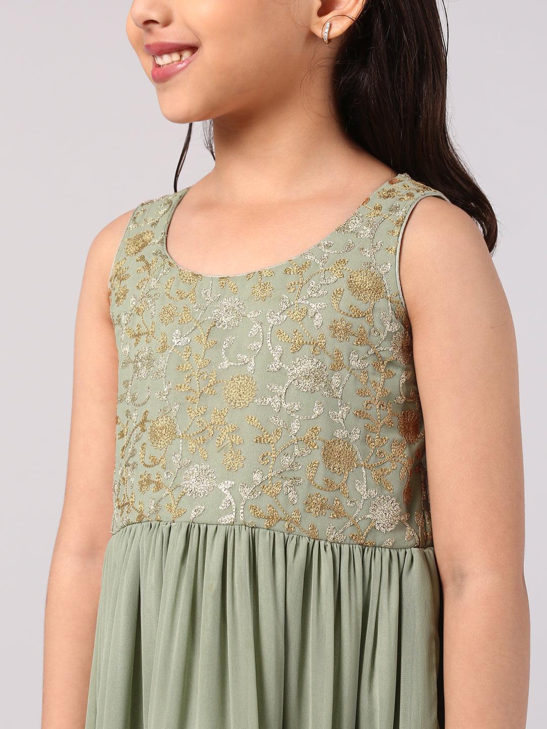 Green Embroidered Georgette Dress - Libas