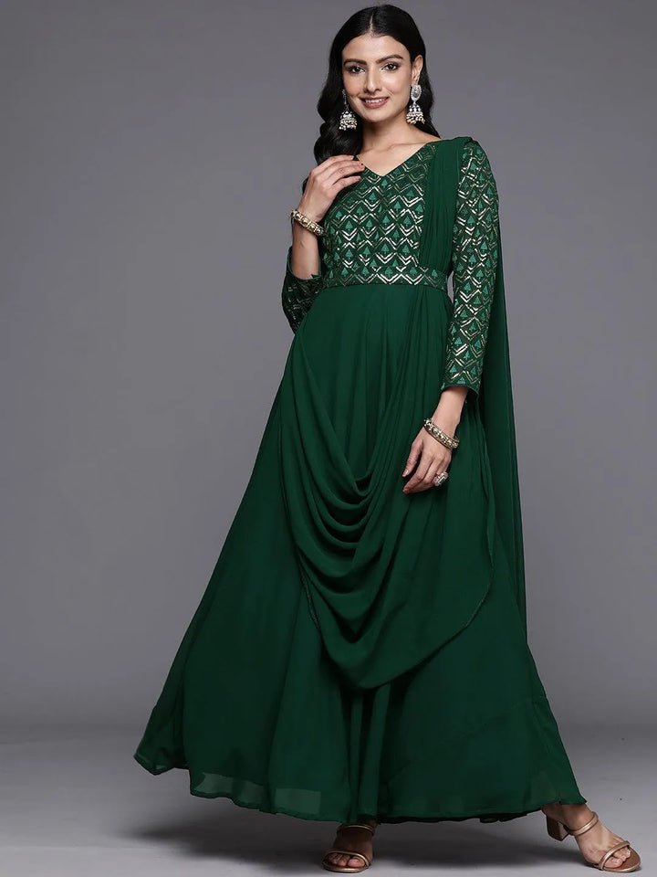 Green Embroidered Georgette Gown Dress - Libas