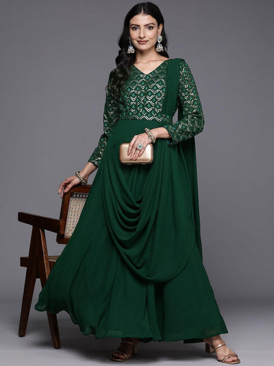 Green Embroidered Georgette Gown Dress - Libas