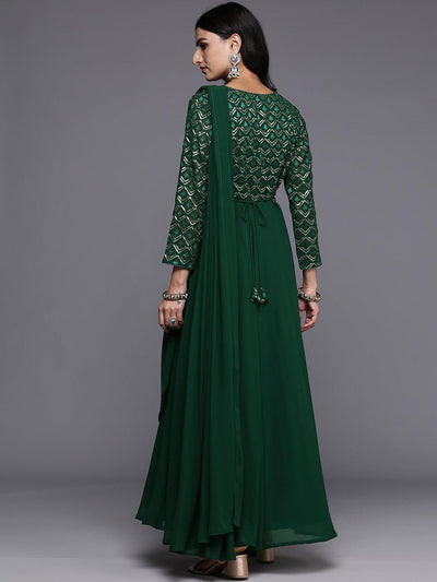 Green Embroidered Georgette Gown Dress - Libas
