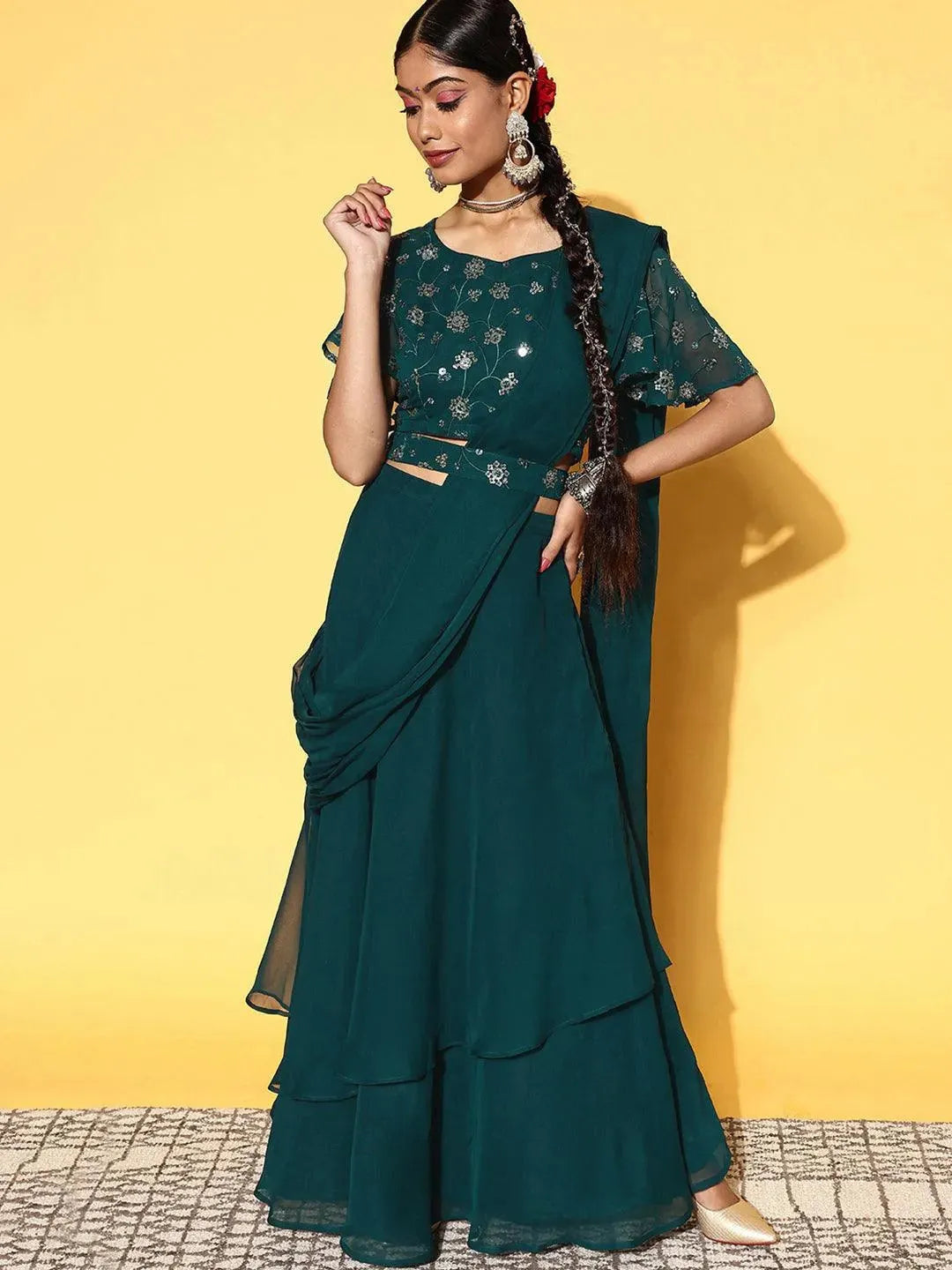 Green Embroidered Georgette Lehenga Set - Libas