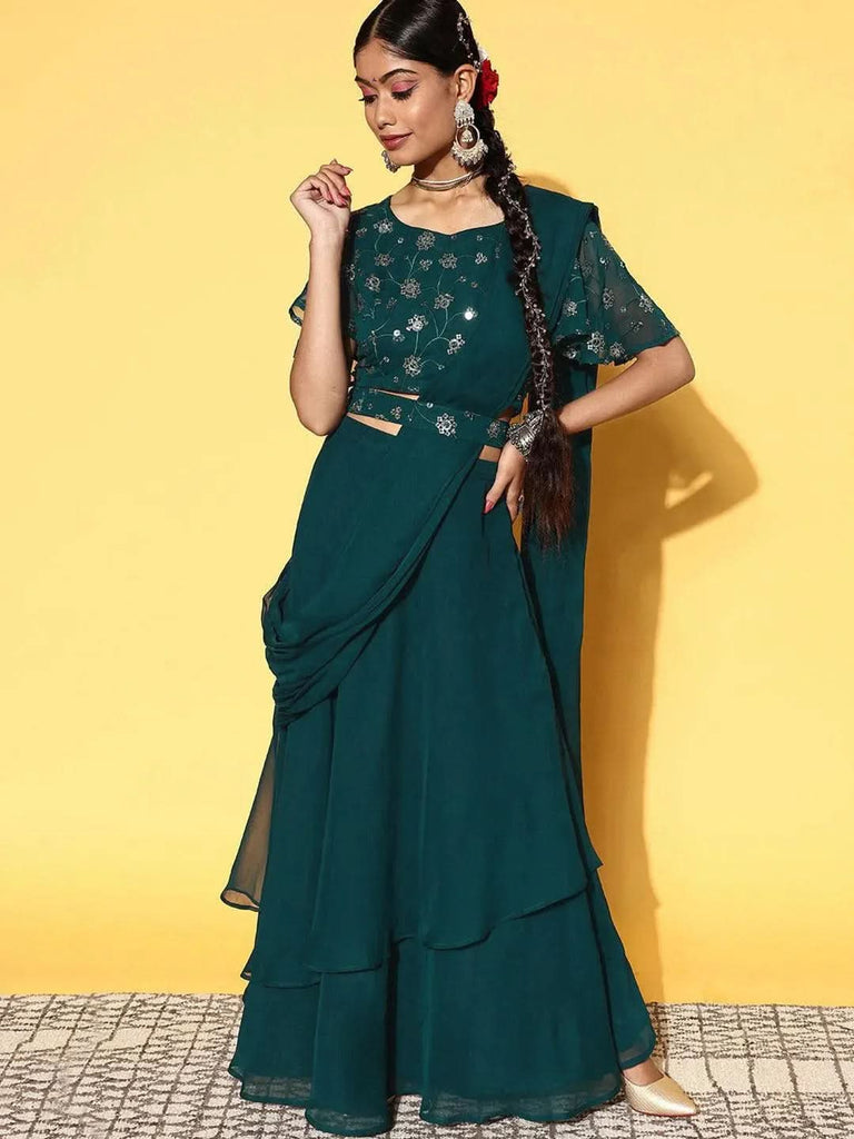 Libas Green Embroidered Georgette Lehenga Set