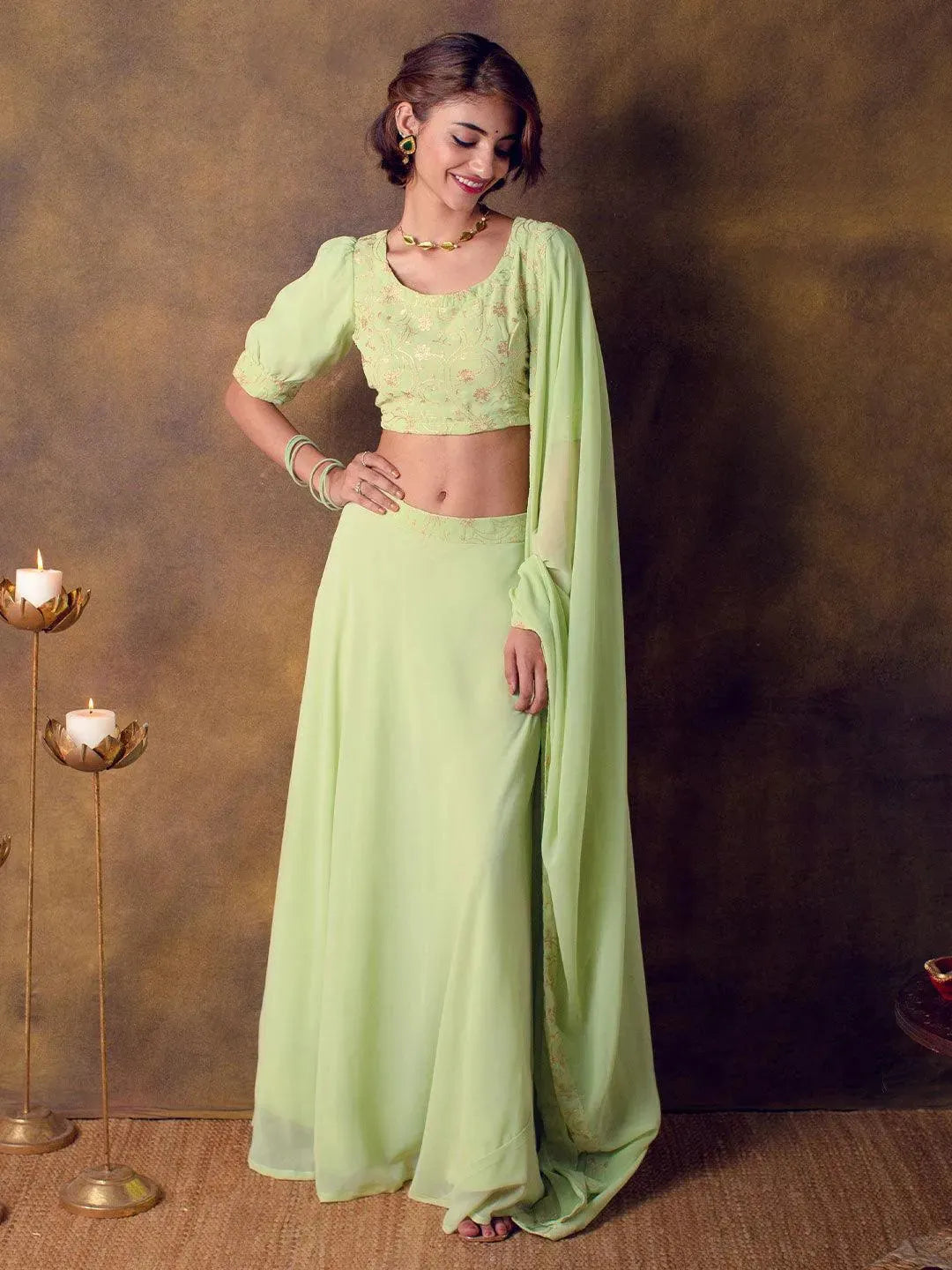 Green Embroidered Georgette Lehenga Set - Libas