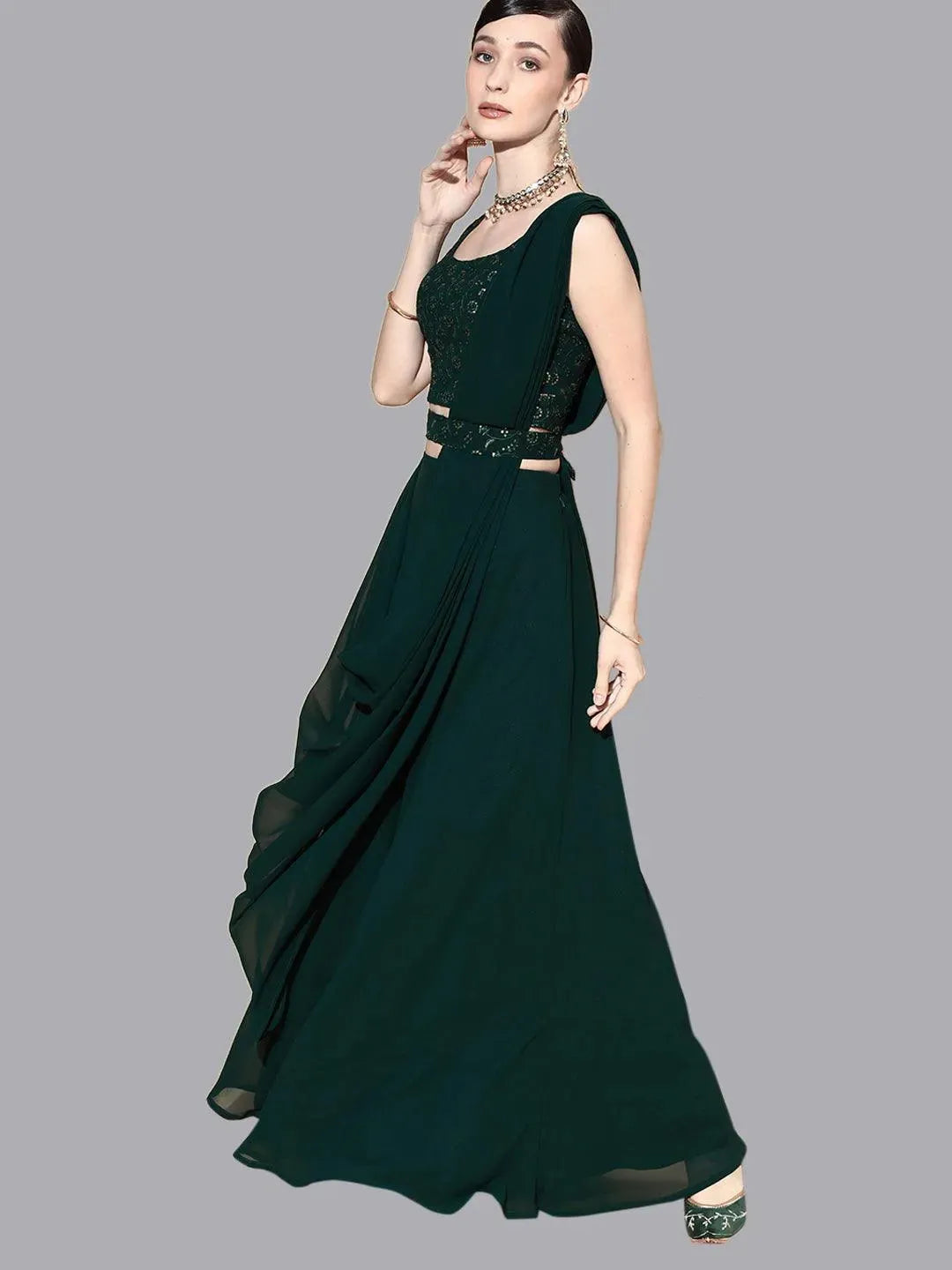 Green Embroidered Georgette Lehenga Set - Libas 