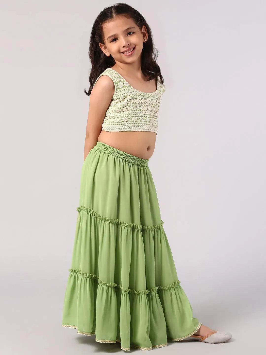 Green Embroidered Georgette Lehenga Set - Libas