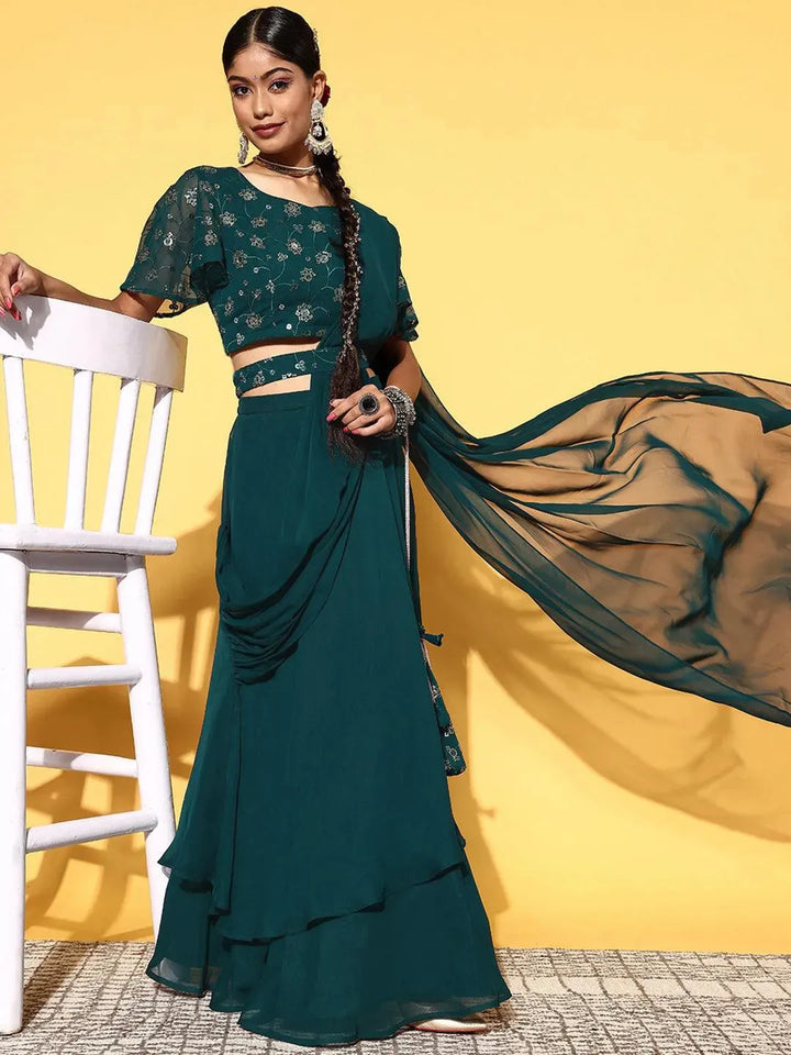 Green Embroidered Georgette Lehenga Set - Libas