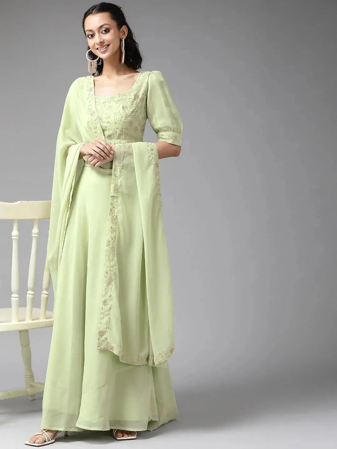 Green Embroidered Georgette Lehenga Set - Libas 