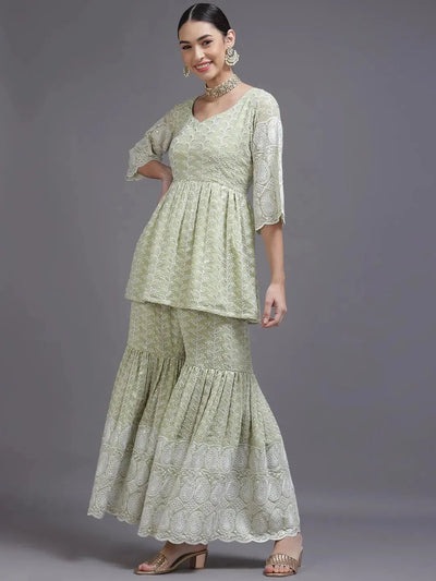 Green Embroidered Georgette Suit Set With Potli - Libas