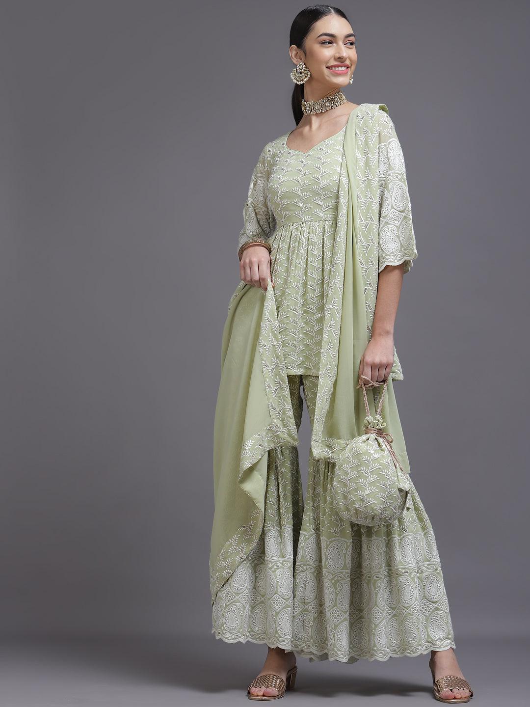 Green Embroidered Georgette Pakistani Style Kurta With Sharara & Dupatta