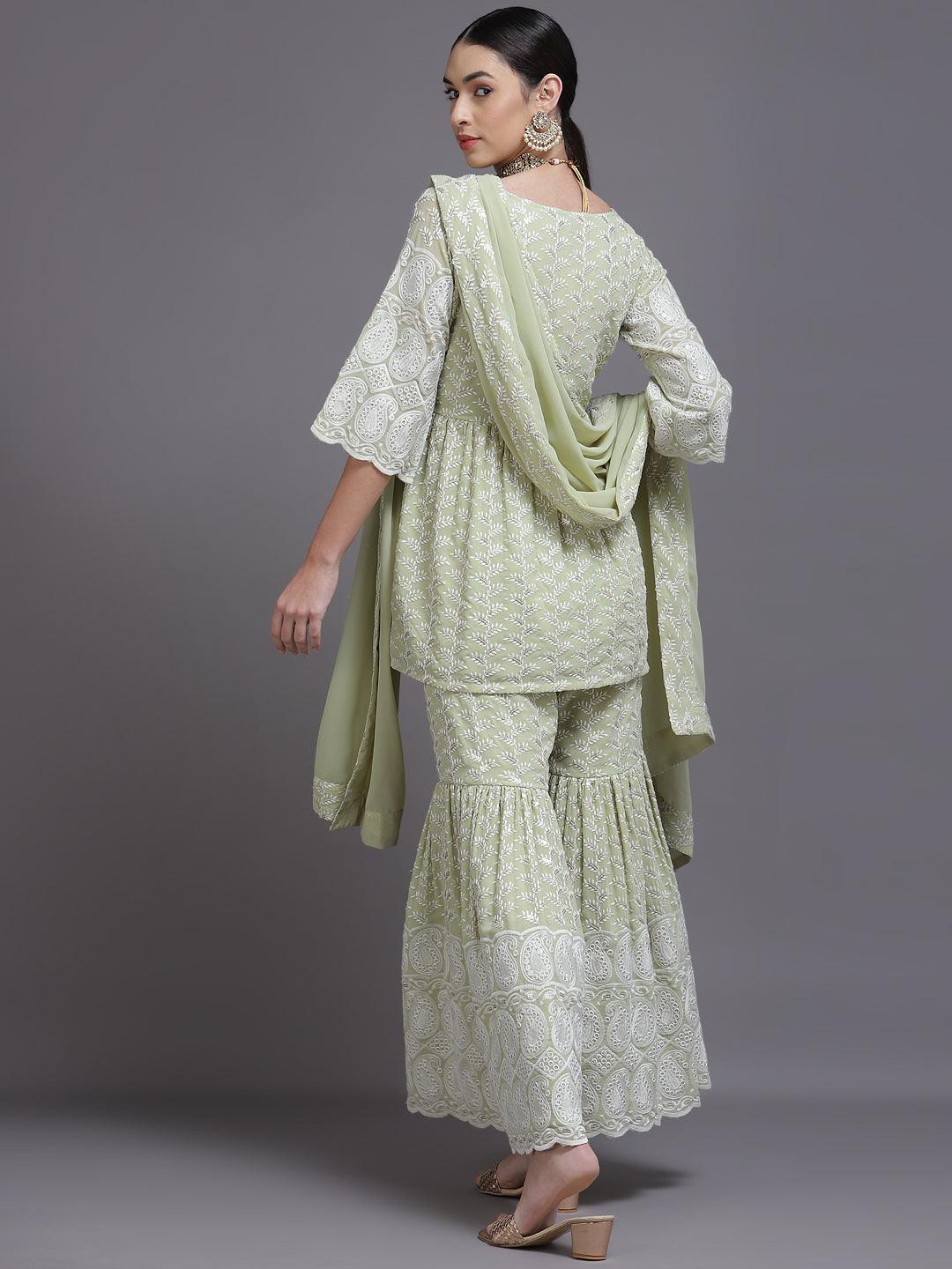 Green Embroidered Georgette Pakistani Style Kurta With Sharara & Dupatta