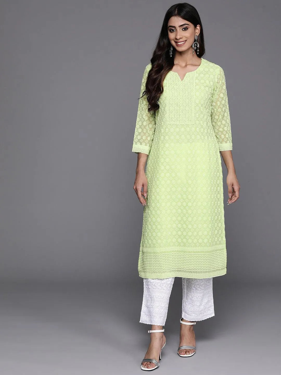 Green Embroidered Georgette Straight Kurta - Libas 