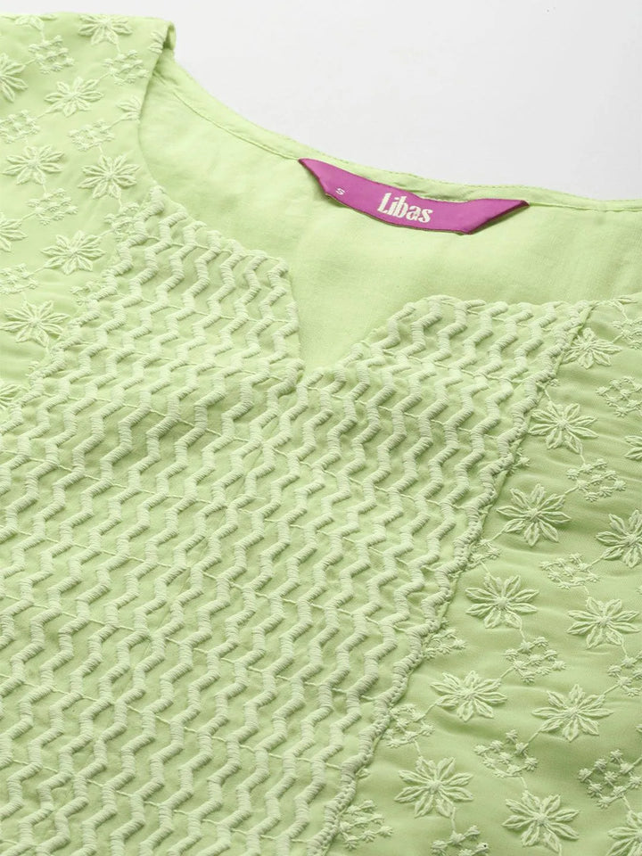 Green Embroidered Georgette Straight Kurta - Libas