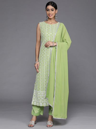 Green Embroidered Georgette Straight Suit Set With Trousers - Libas
