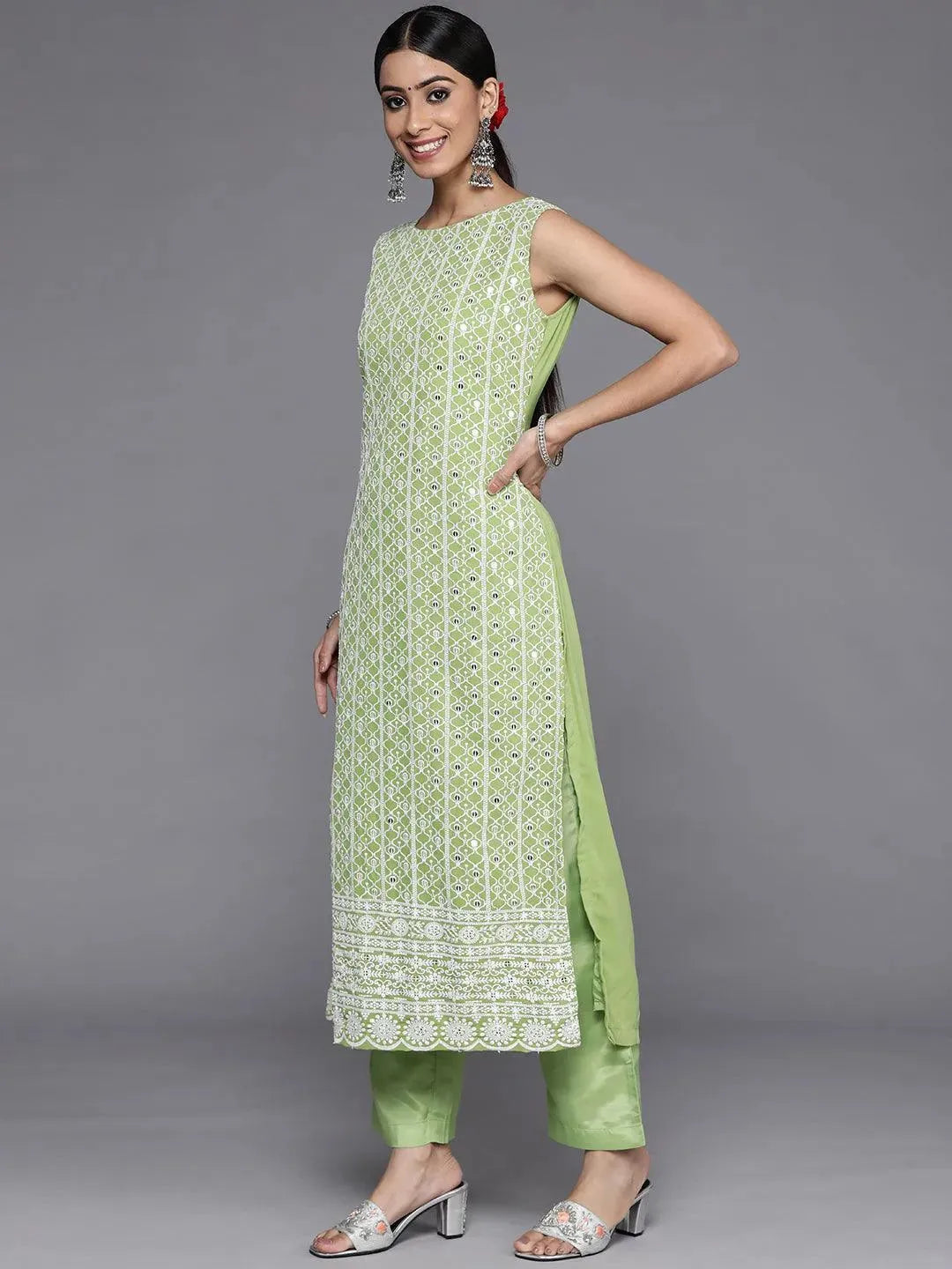 Green Embroidered Georgette Straight Suit Set With Trousers - Libas 