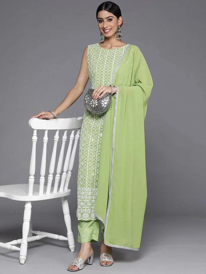 Green Embroidered Georgette Straight Suit Set With Trousers - Libas