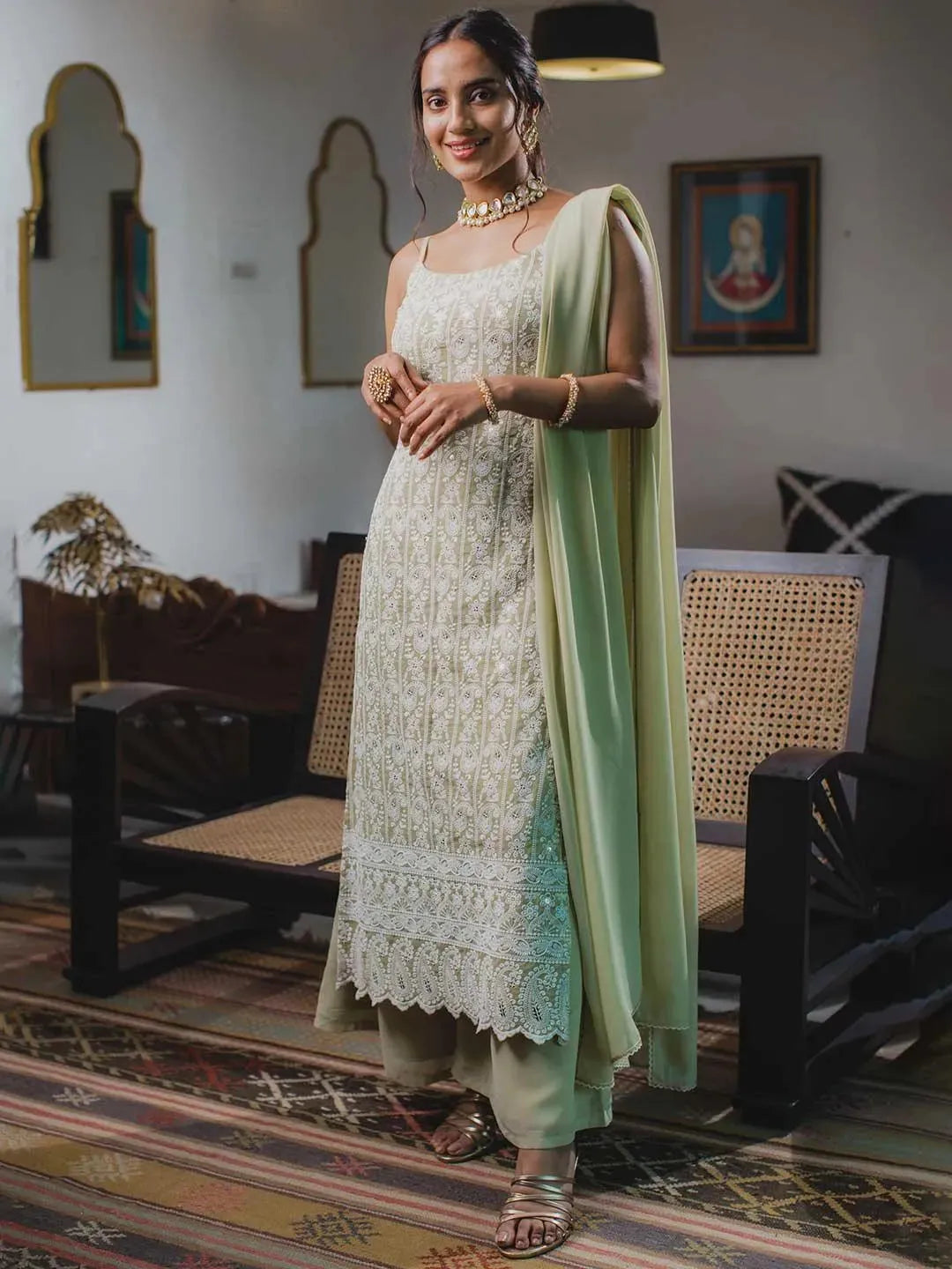 Green Embroidered Georgette Suit Set - Libas