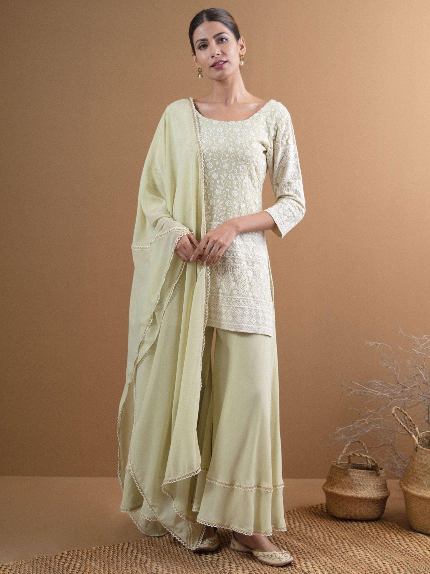 Green Embroidered Georgette Straight Kurta With Palazzos & Dupatta