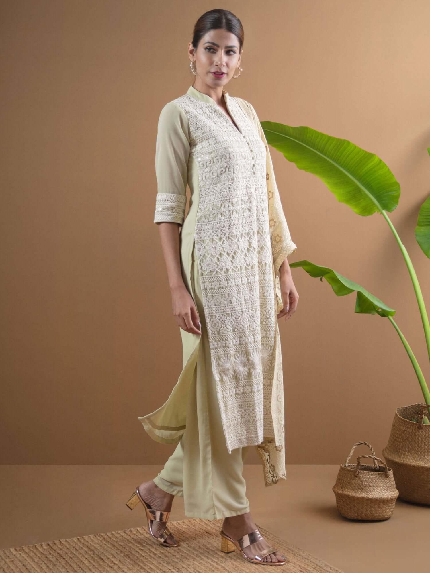 Green Embroidered Georgette Straight Kurta With Palazzos & Dupatta
