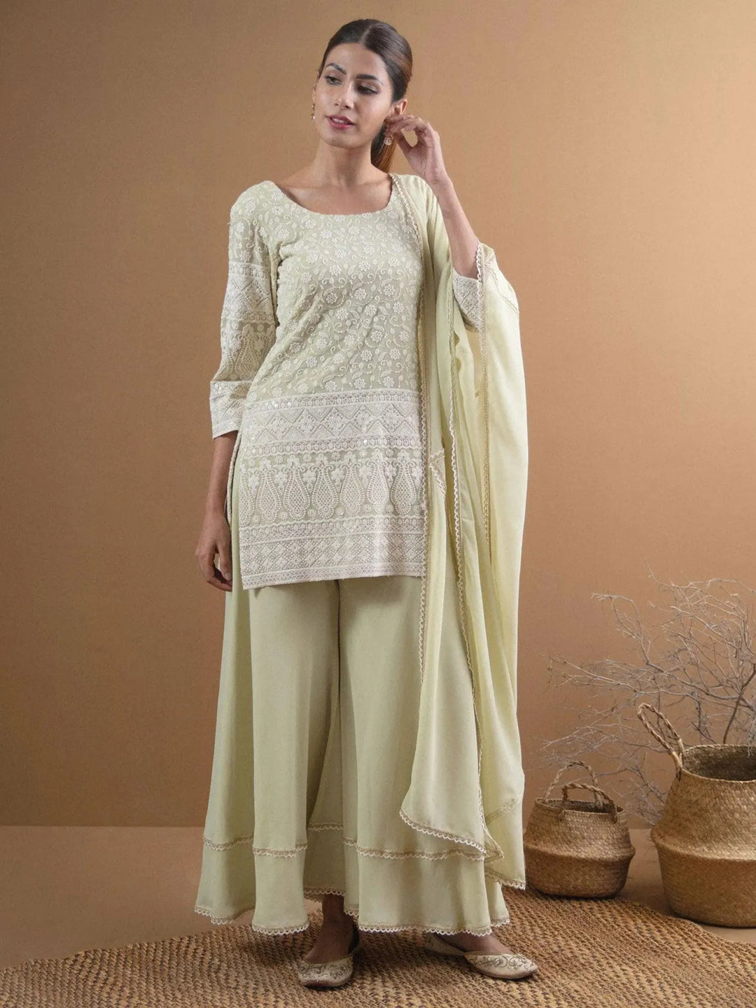 KAYRA Green Embroidered Georgette Suit Set - Libas 