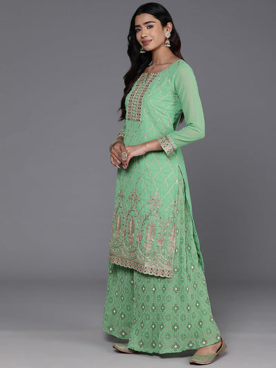 Green Embroidered Georgette Straight Kurta With Palazzos & Dupatta - Libas