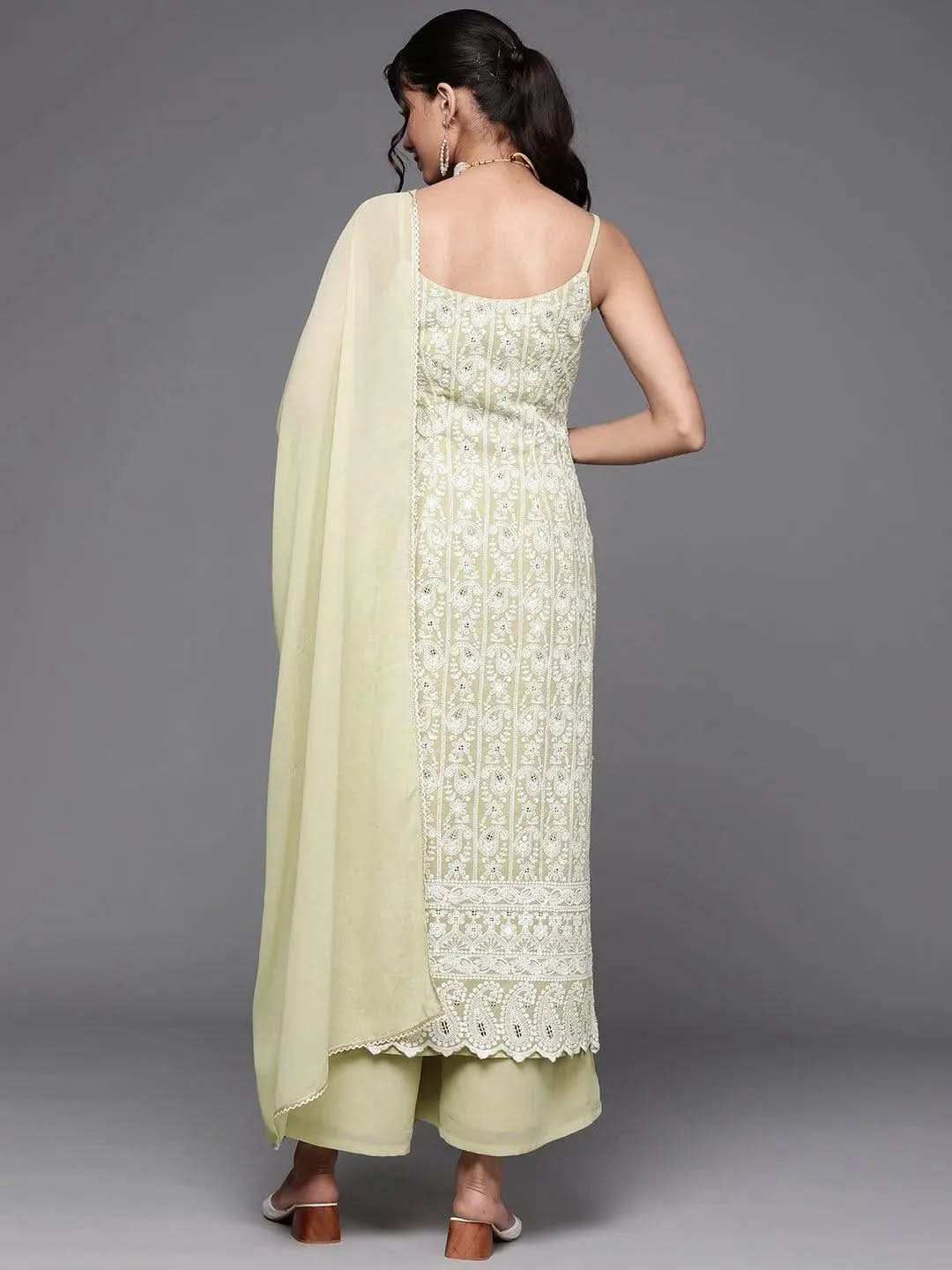 

Green Embroidered Georgette Straight Kurta With Palazzos & Dupatta