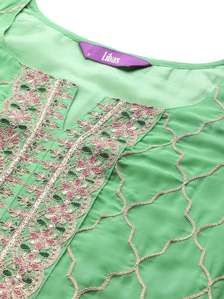 Green Embroidered Georgette Straight Kurta With Palazzos & Dupatta - Libas