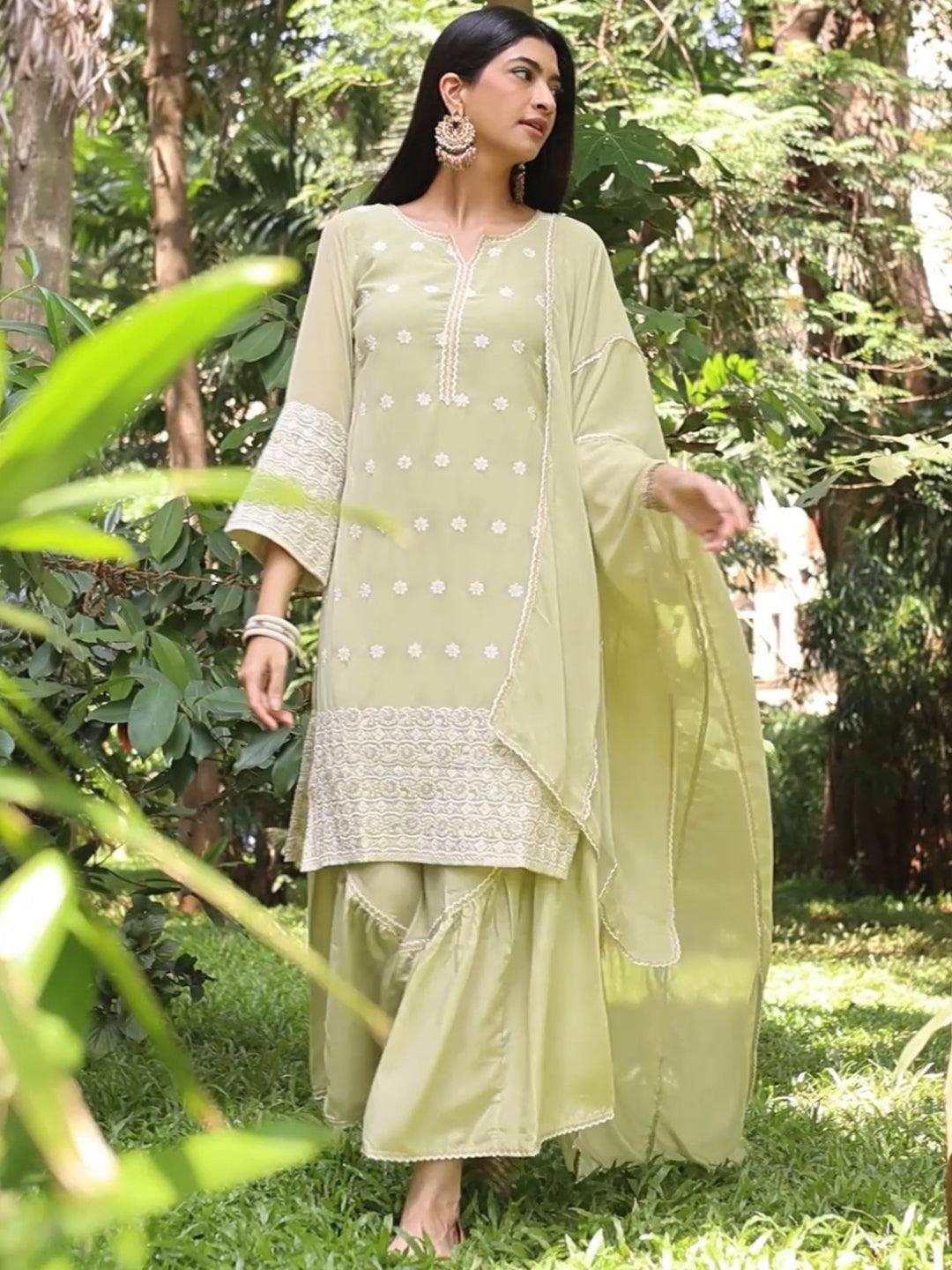 Green Embroidered Georgette Suit Set - Libas