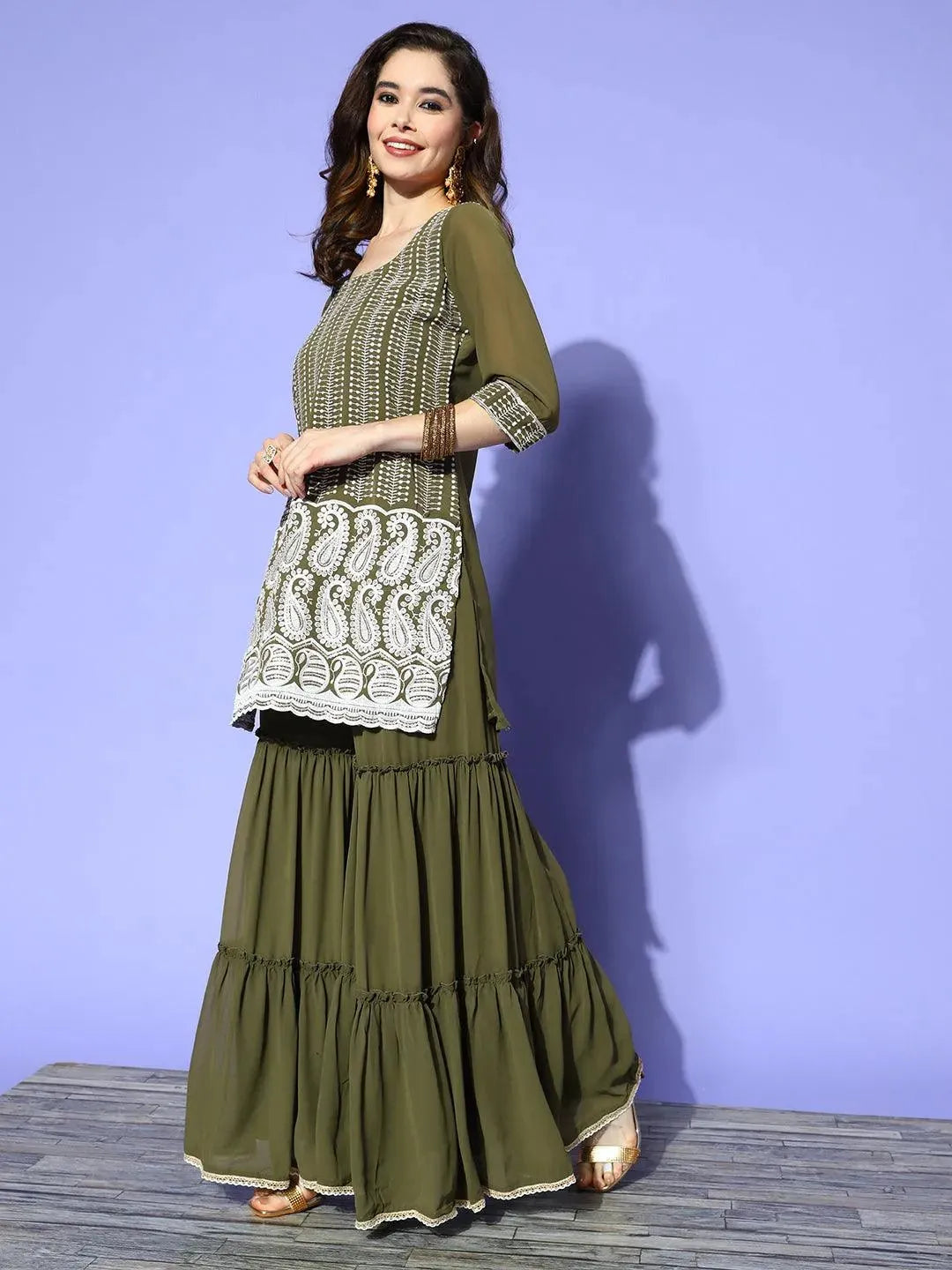 Green Embroidered Georgette Straight Sharara Suit Set - Libas 