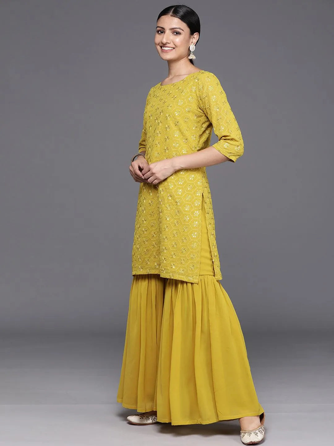 Green Embroidered Georgette Straight Kurta With Sharara & Dupatta - Libas 