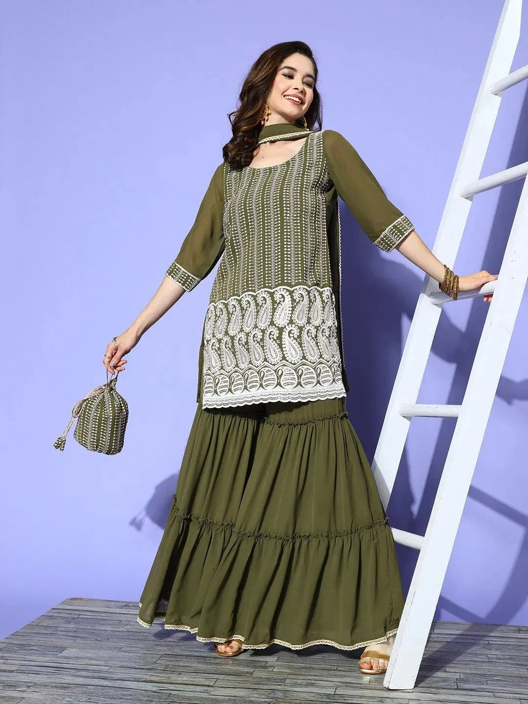 Green Embroidered Georgette Straight Sharara Suit Set - Libas 
