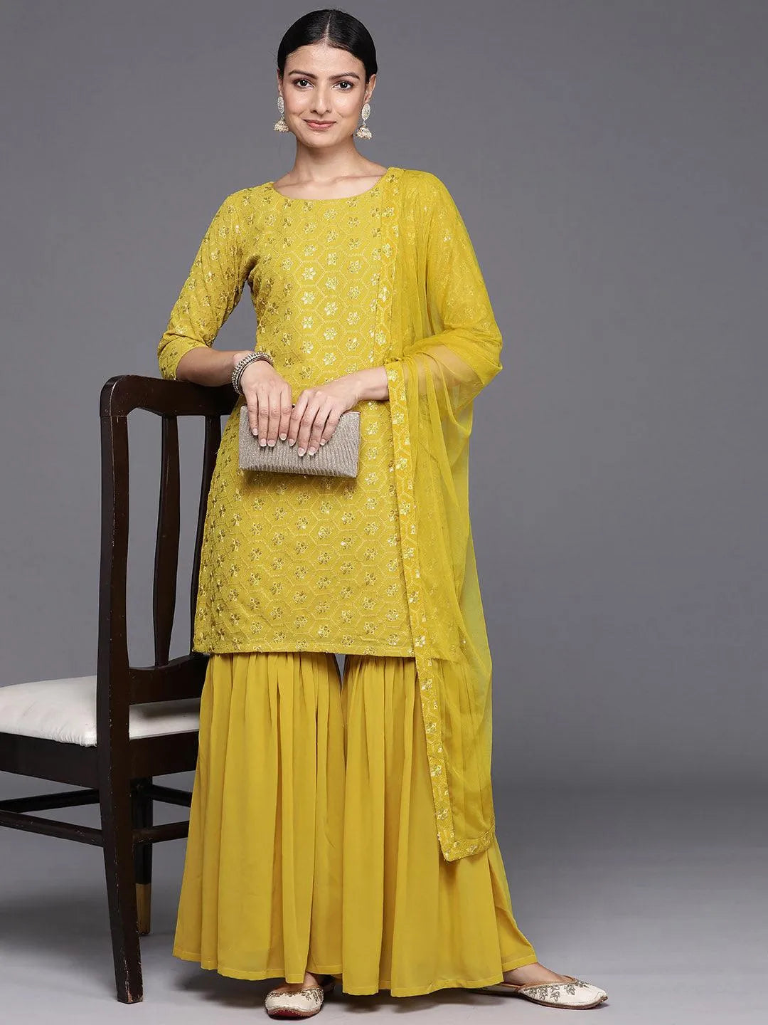 Green Embroidered Georgette Straight Kurta With Sharara & Dupatta - Libas 