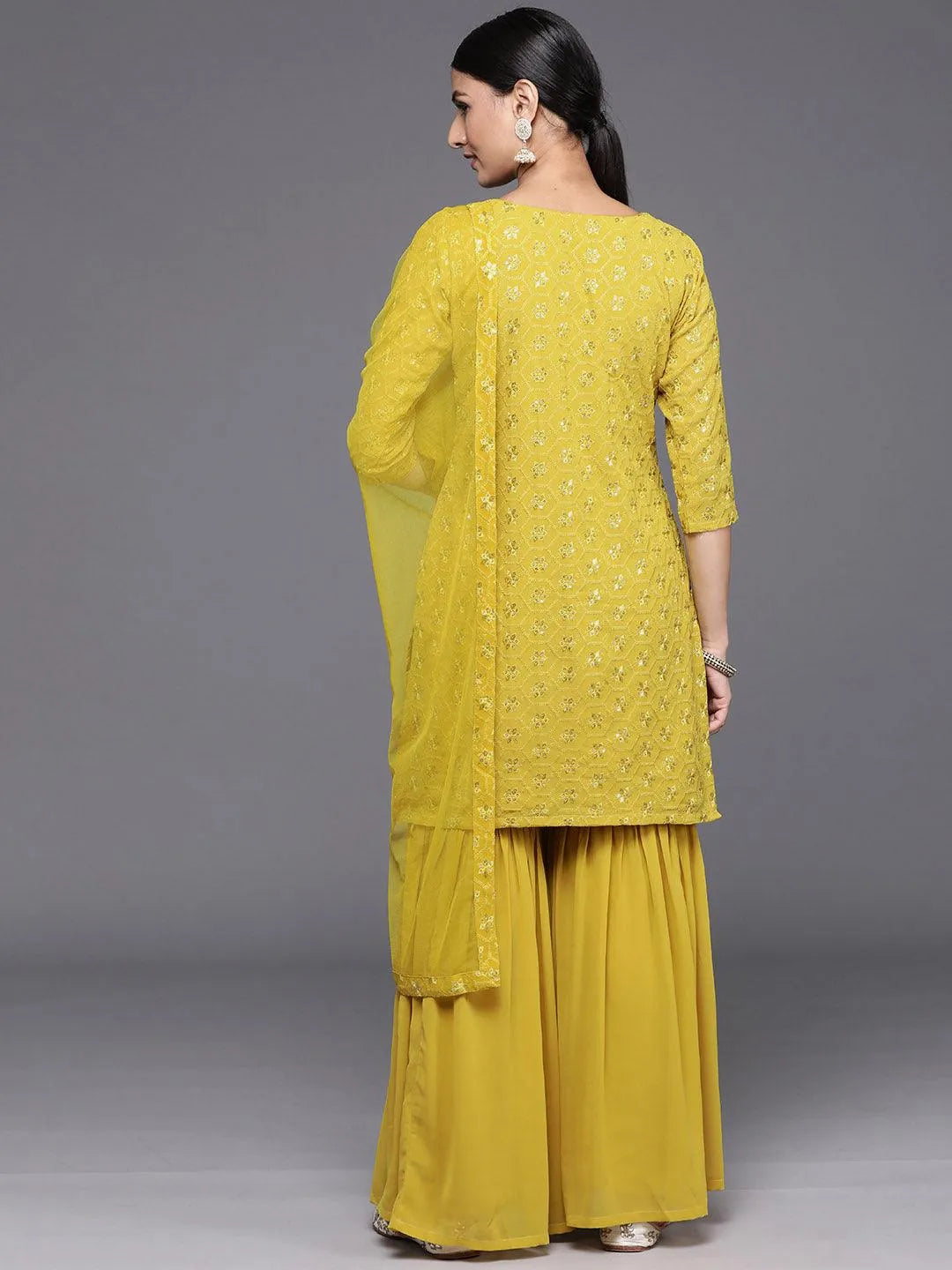 Green Embroidered Georgette Straight Kurta With Sharara & Dupatta - Libas 