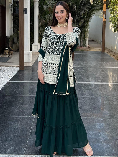 Green Embroidered Georgette Straight Suit Set With Skirt - Libas