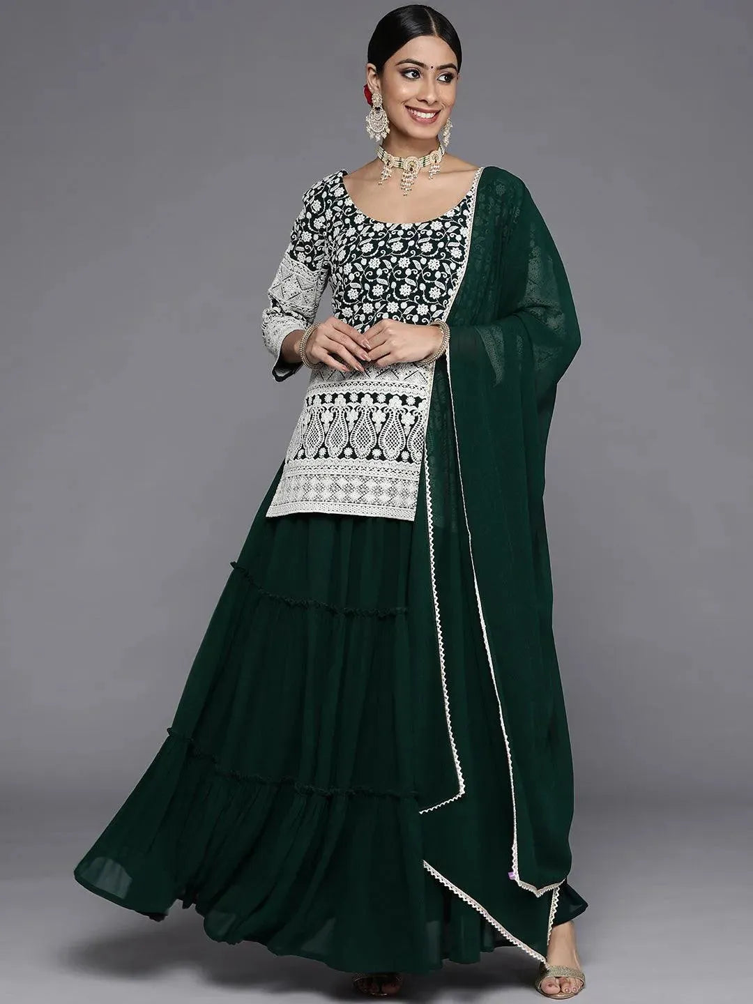 Green Embroidered Georgette Straight Suit Set With Skirt - Libas 