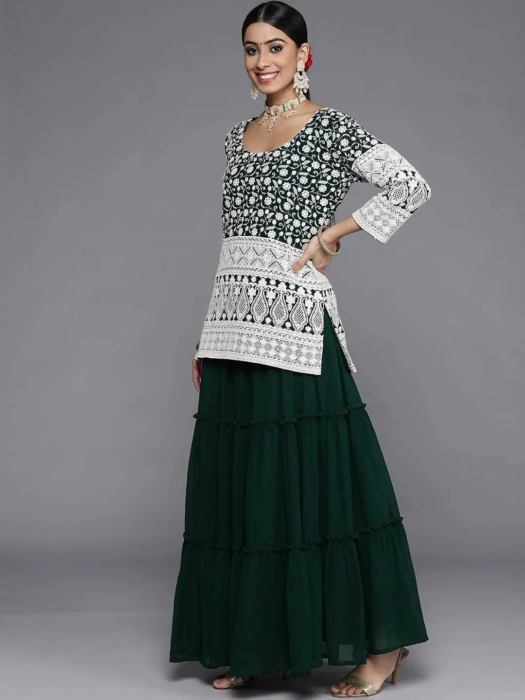 Green Embroidered Georgette Straight Suit Set With Skirt - Libas 