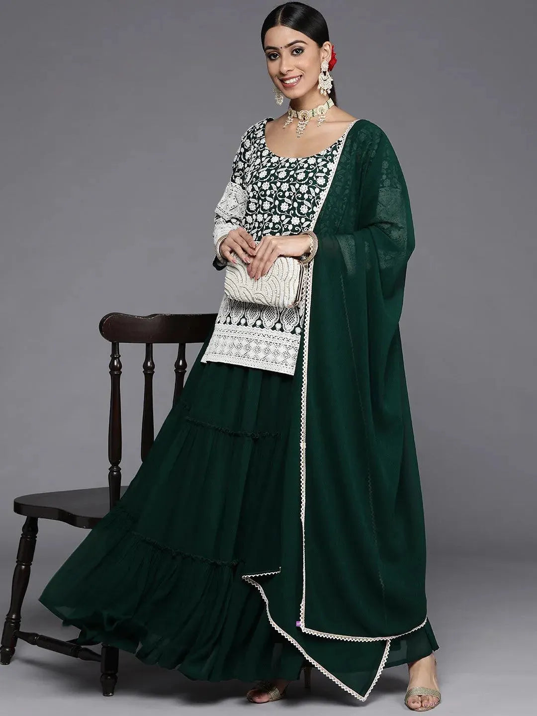 Green Embroidered Georgette Straight Suit Set With Skirt - Libas 